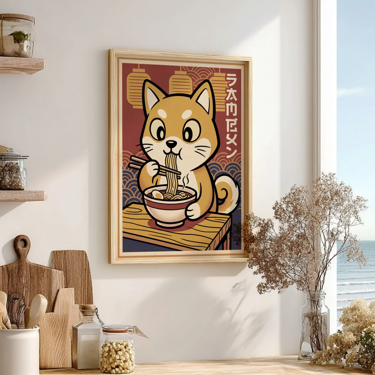 Shiba Inu eating ramen poster with Japanese lanterns and warm red and cream colors.
