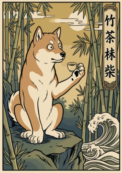 Poster of a Shiba Inu holding a teacup in a bamboo forest, ukiyo-e style.