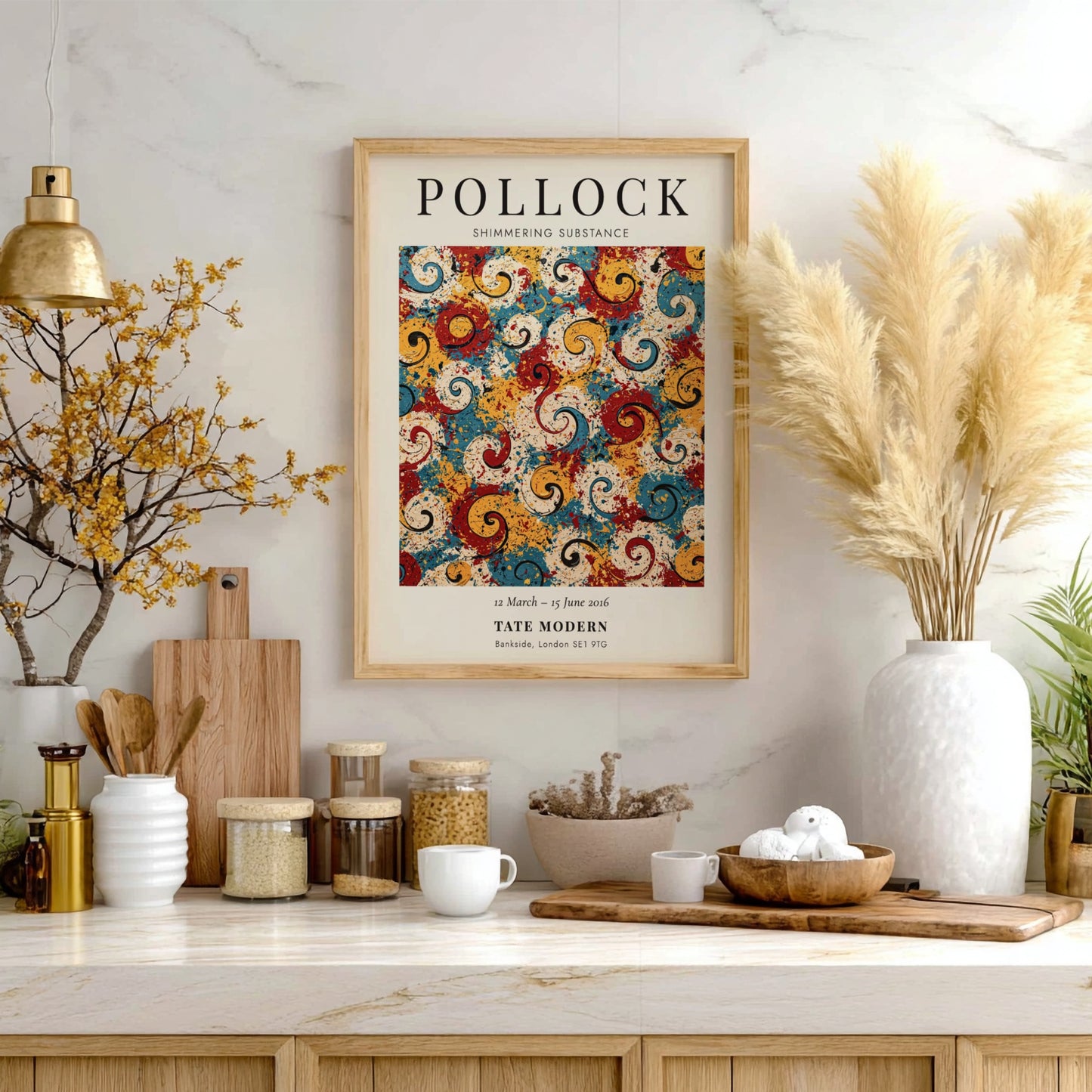 Wall art poster featuring Jackson Pollock Shimmering Substance abstract swirls in red yellow blue