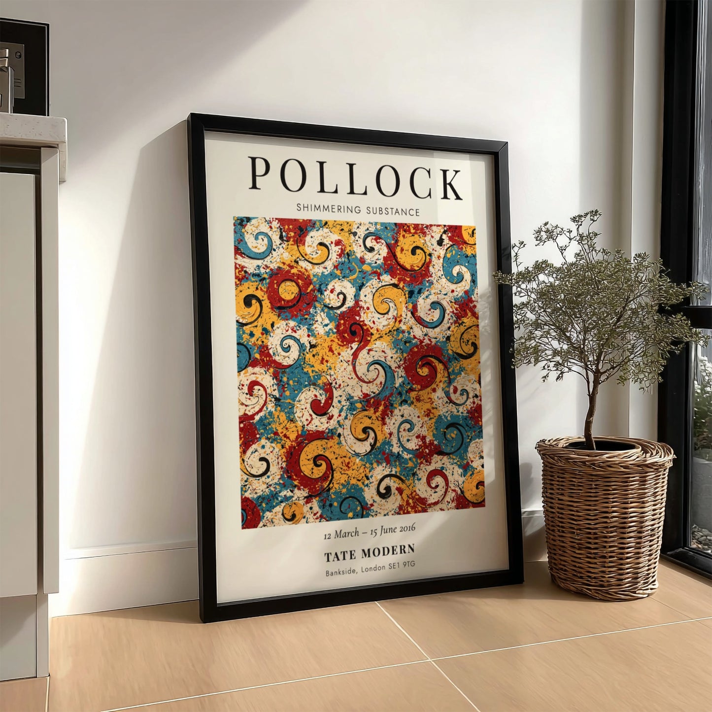 Wall art poster featuring Jackson Pollock Shimmering Substance abstract swirls in red yellow blue