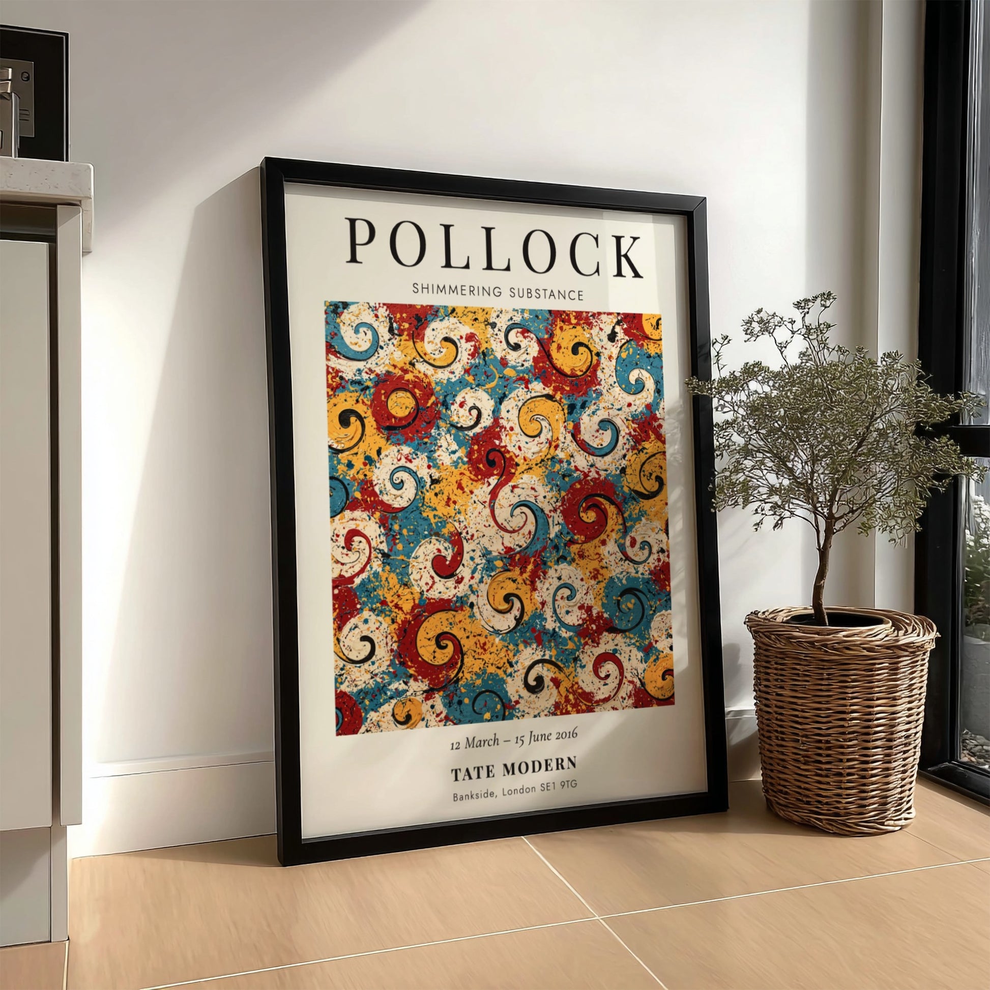 Wall art poster featuring Jackson Pollock Shimmering Substance abstract swirls in red yellow blue