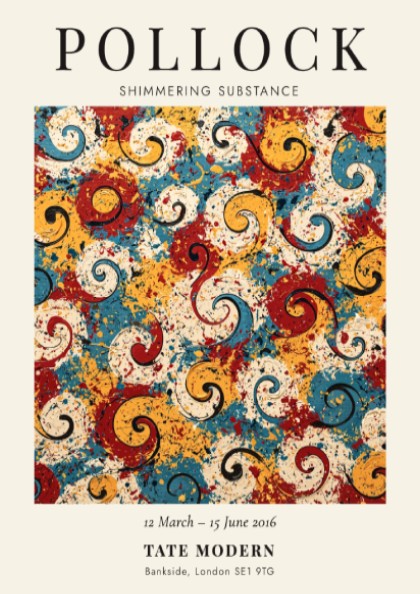 Wall art poster featuring Jackson Pollock Shimmering Substance abstract swirls in red yellow blue