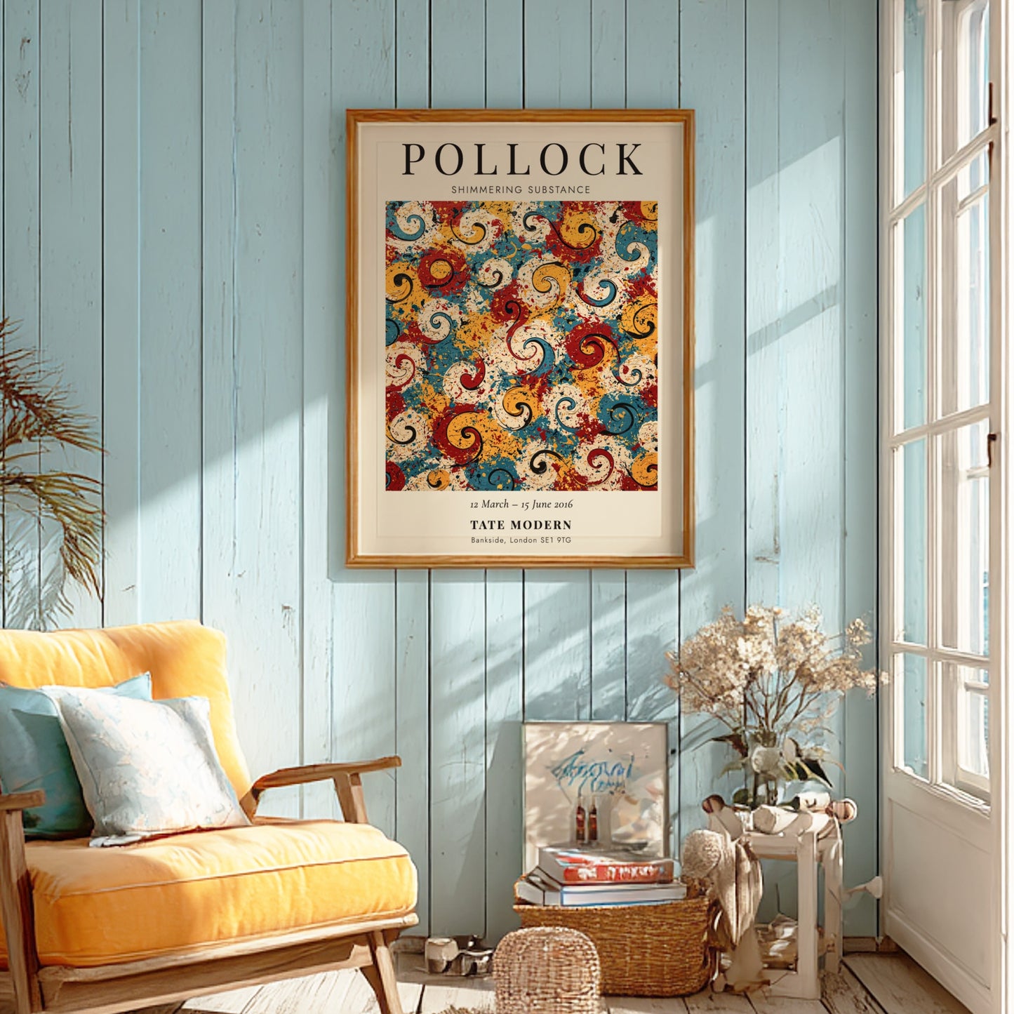 Wall art poster featuring Jackson Pollock Shimmering Substance abstract swirls in red yellow blue