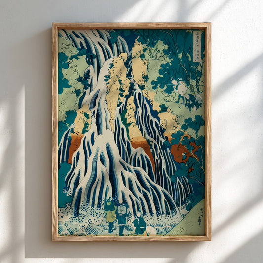 Japanese Ukiyo-e art poster of a powerful waterfall in the mountains by Hokusai.