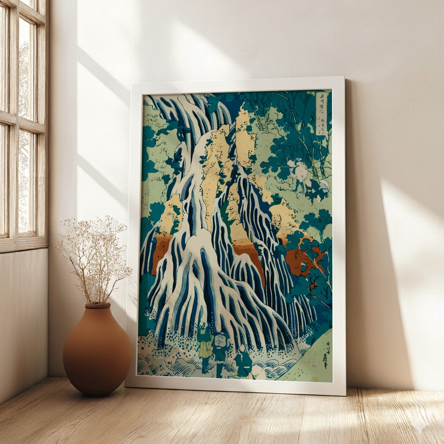 Japanese Ukiyo-e art poster of a powerful waterfall in the mountains by Hokusai.