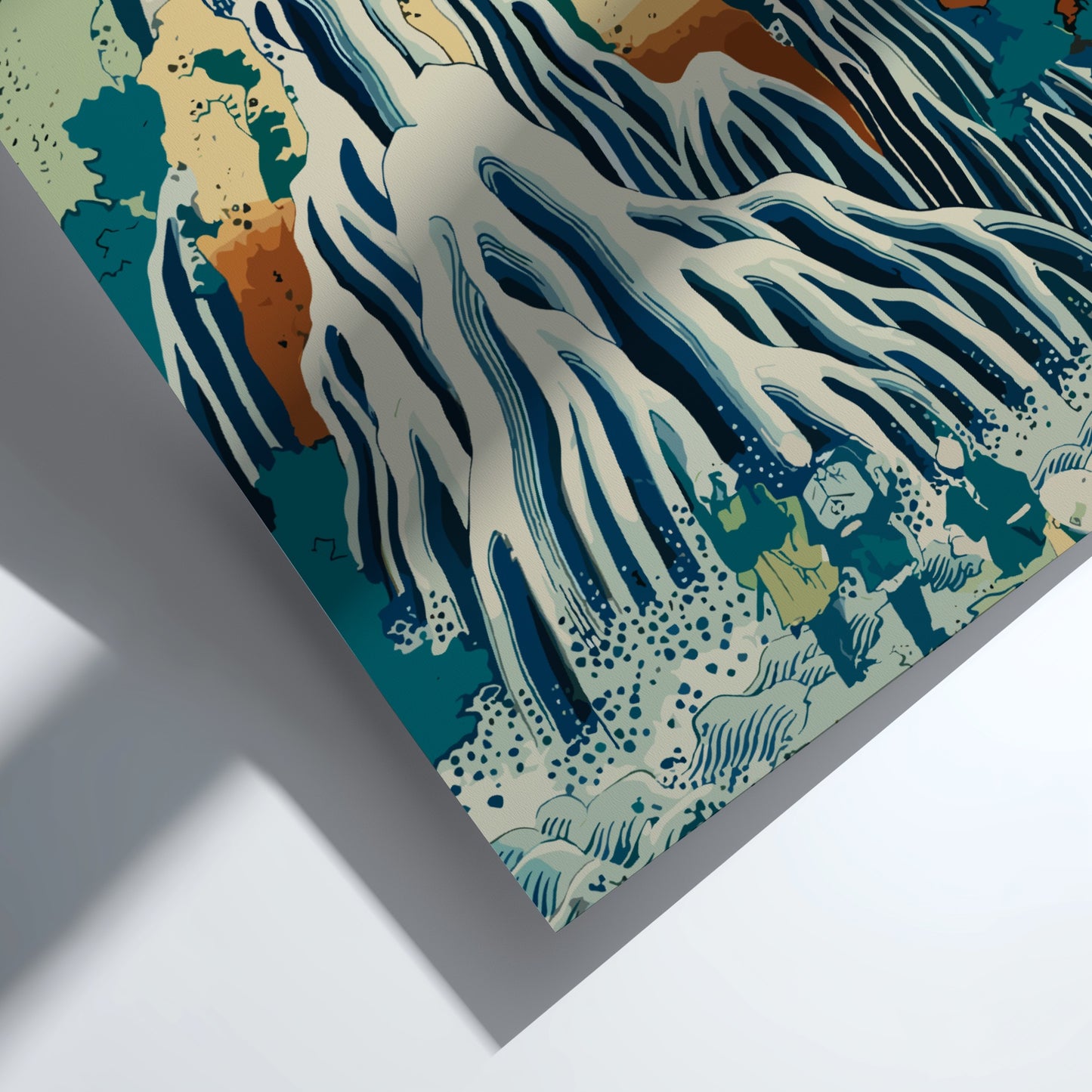 Japanese Ukiyo-e art poster of a powerful waterfall in the mountains by Hokusai.