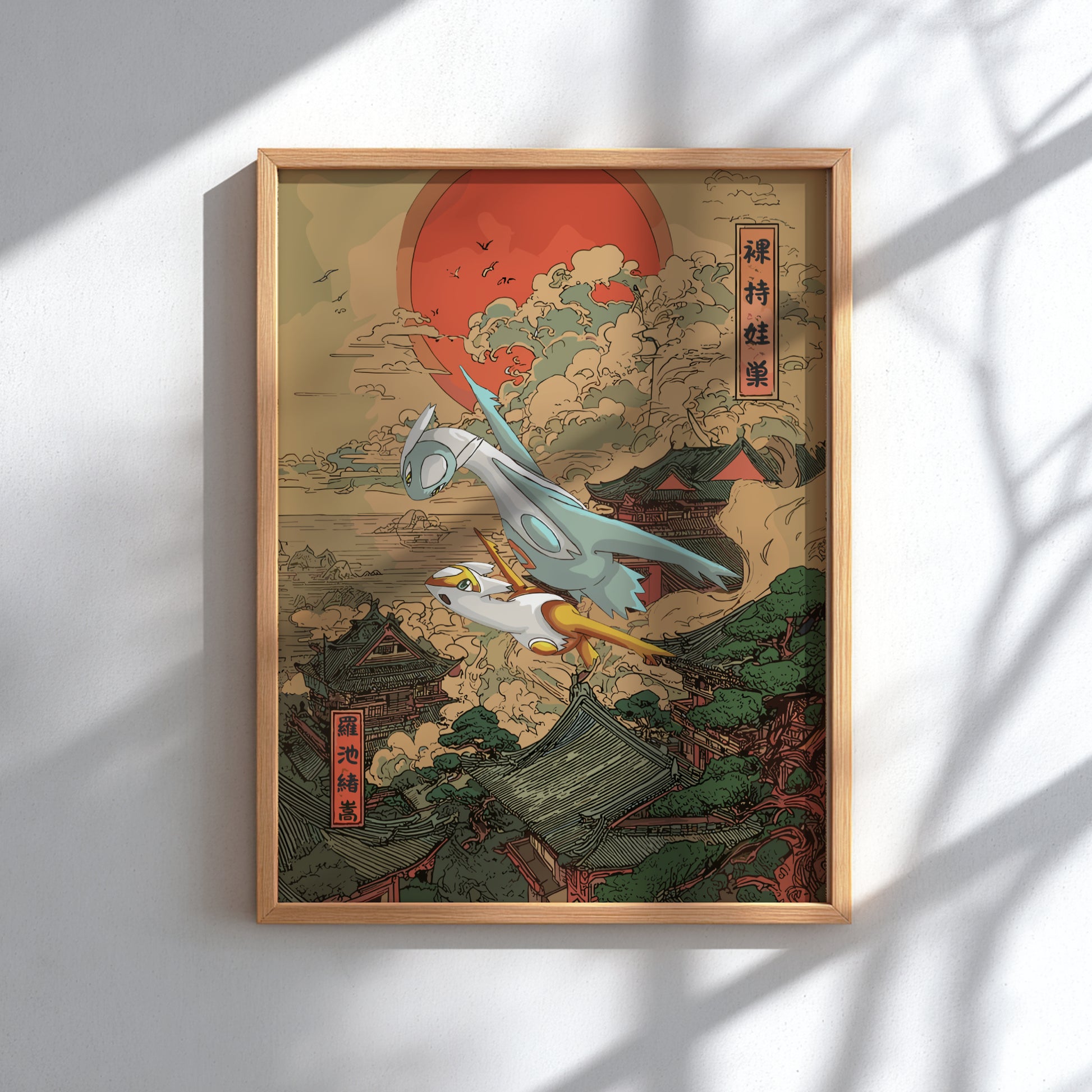 Framed artwork with Shiny Latias and Latios Pokemon and traditional Japanese elements on a light background