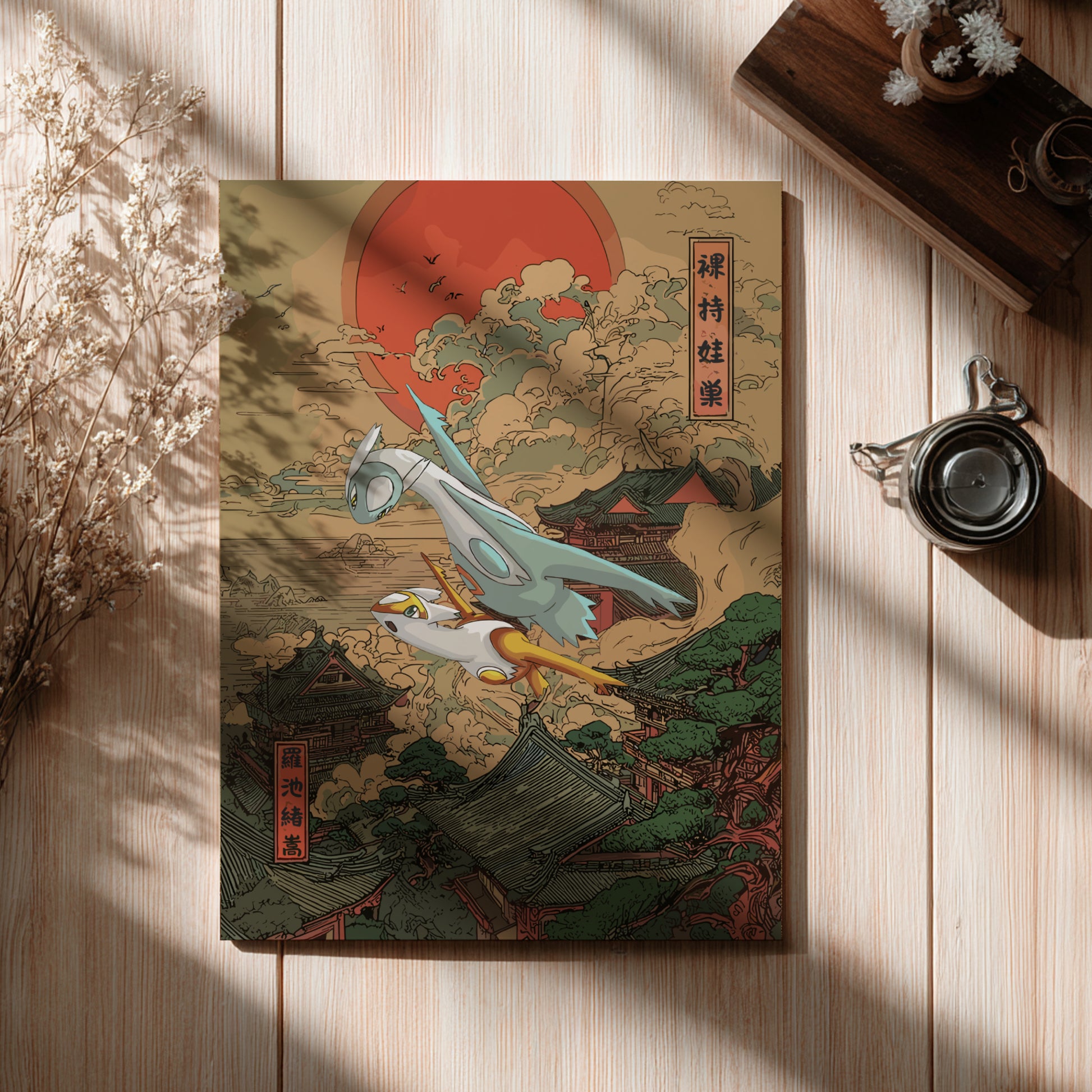 Decorative poster with a fantasy design featuring Shiny Latias and Latios Pokemon and traditional elements on a wooden surface.