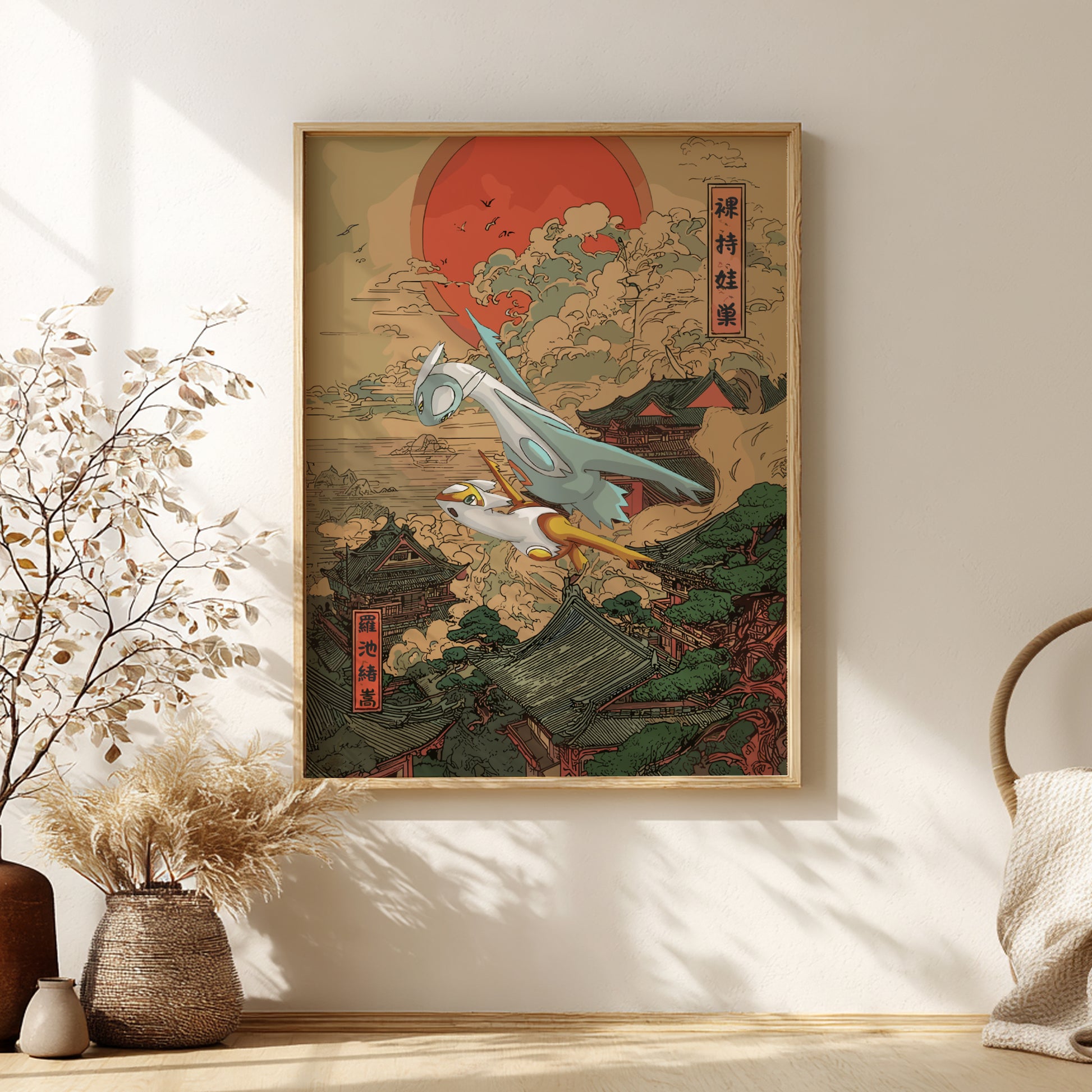 Framed artwork with Shiny Latias and Latios Pokemon and traditional architecture on a wall with decorative elements.