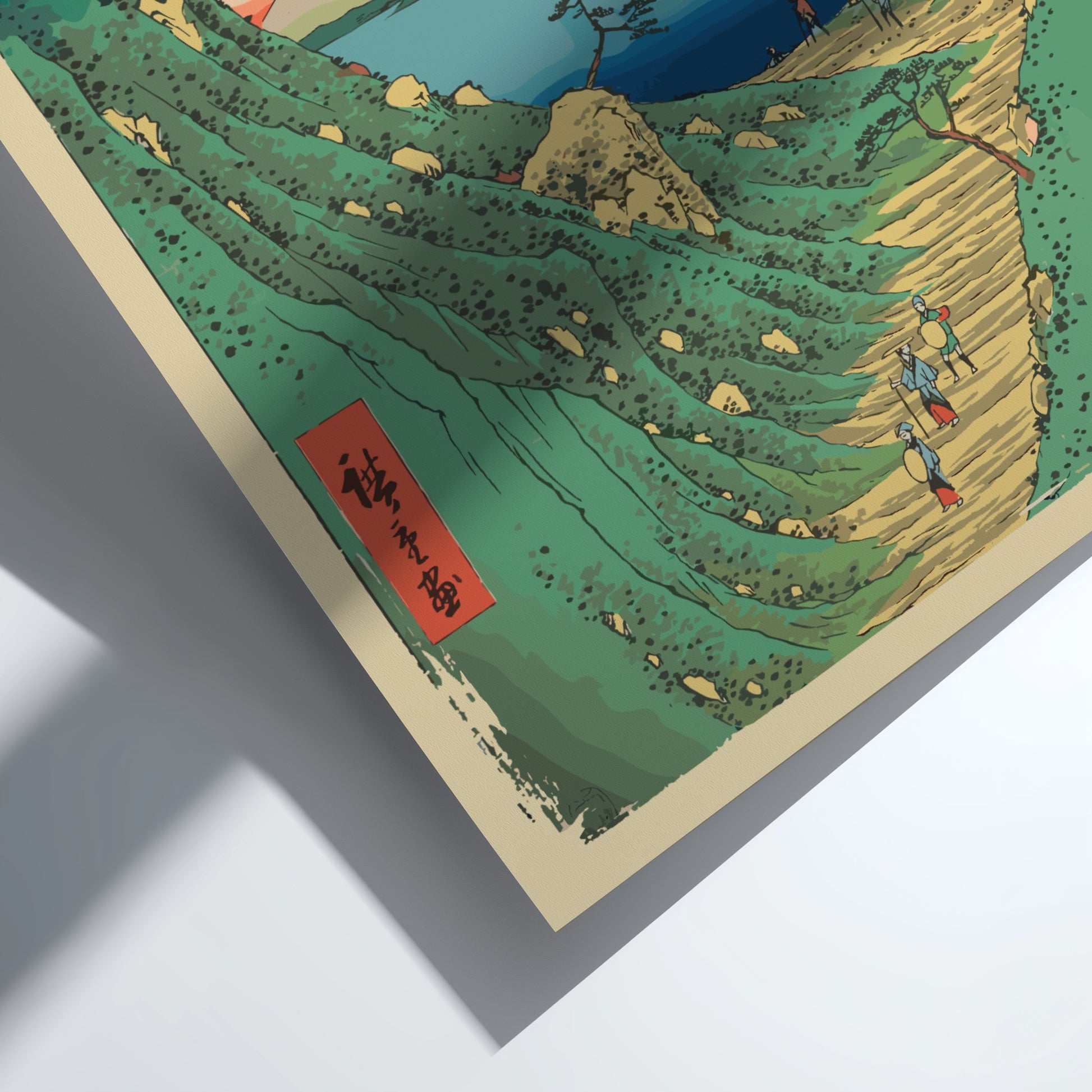 Shiojiri Pass poster featuring a Japanese landscape with a mountain path, lake, and Mount Fuji in Ukiyo-e