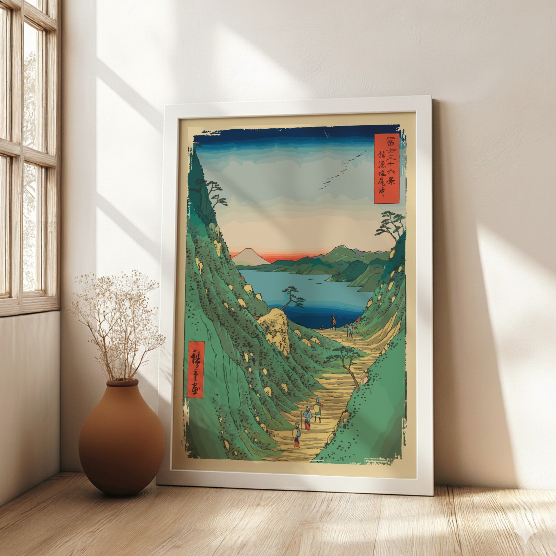 Shiojiri Pass poster featuring a Japanese landscape with a mountain path, lake, and Mount Fuji in Ukiyo-e