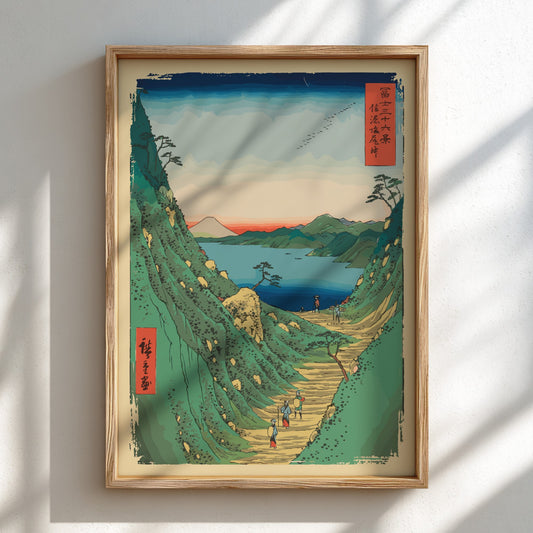 Shiojiri Pass poster featuring a Japanese landscape with a mountain path, lake, and Mount Fuji in Ukiyo-e