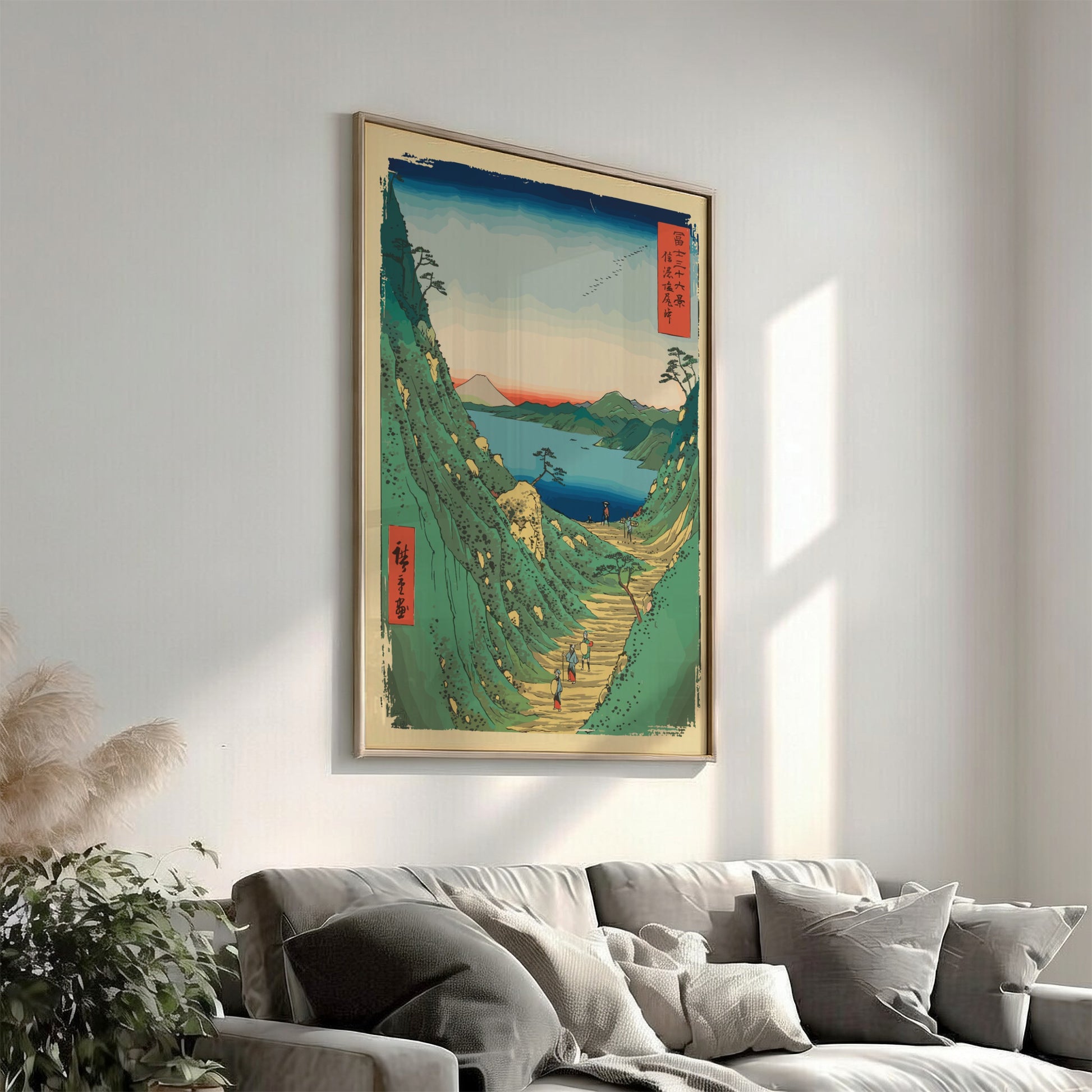 Shiojiri Pass poster featuring a Japanese landscape with a mountain path, lake, and Mount Fuji in Ukiyo-e