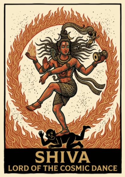 Poster of Shiva Lord of the Cosmic Dance surrounded by flames in warm colours