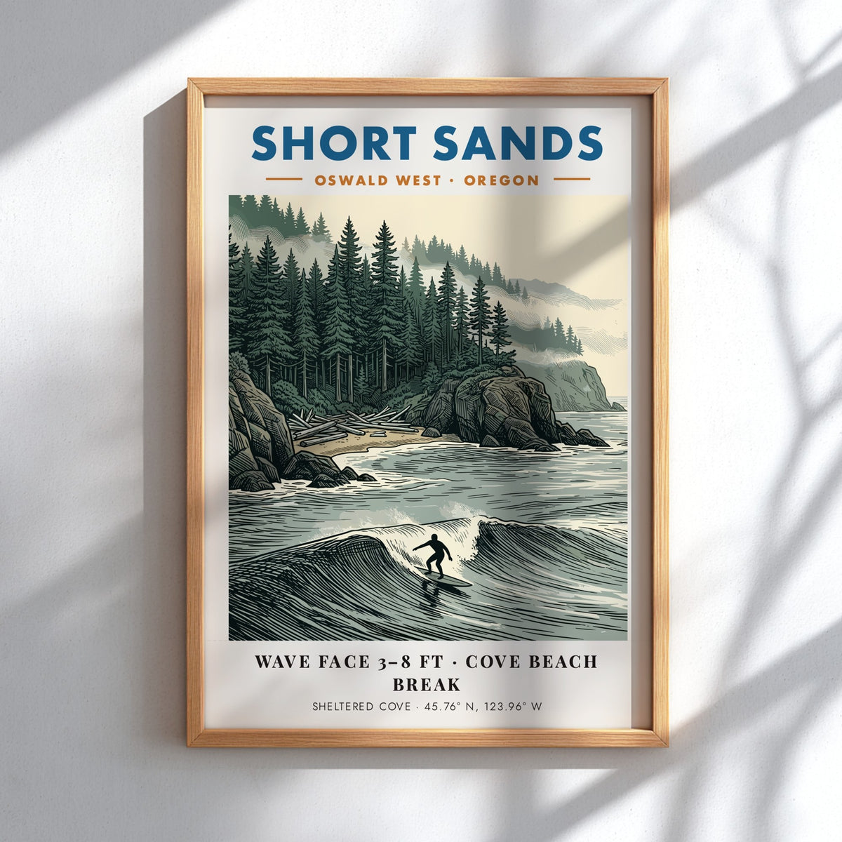 Poster featuring a surfer at Short Sands Oregon with evergreen trees and fog.