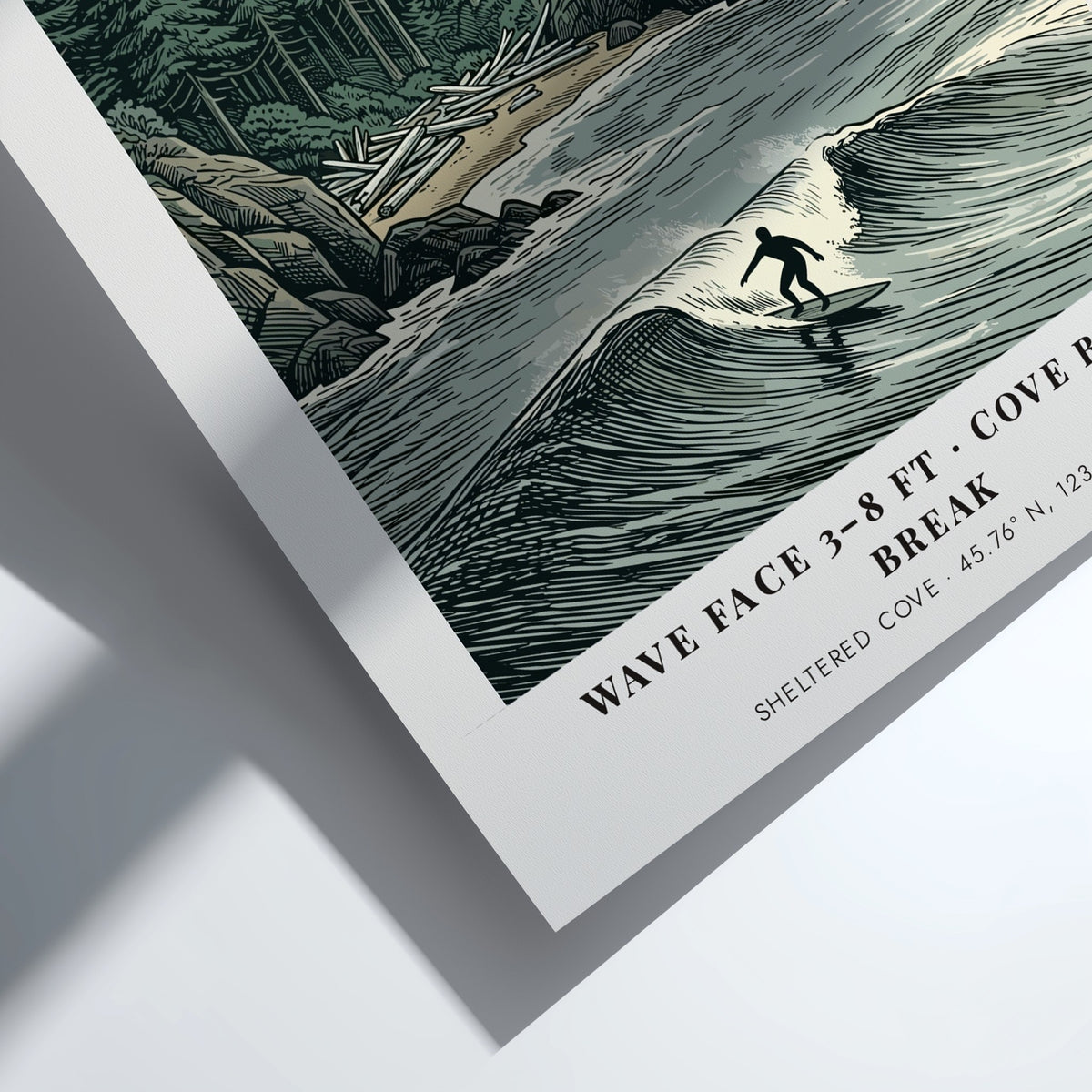 Poster featuring a surfer at Short Sands Oregon with evergreen trees and fog.