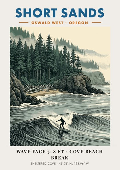 Poster featuring a surfer at Short Sands Oregon with evergreen trees and fog.