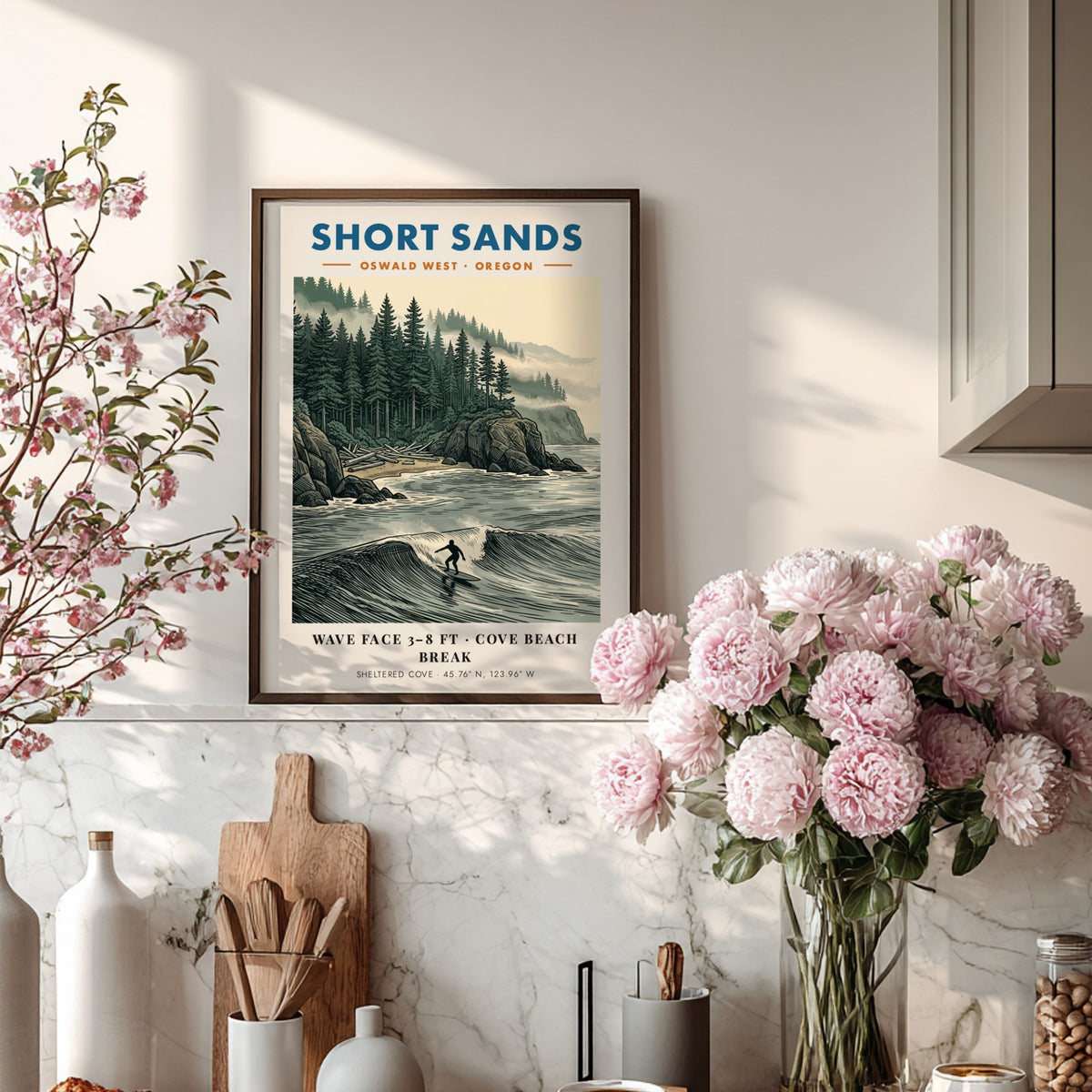 Poster featuring a surfer at Short Sands Oregon with evergreen trees and fog.