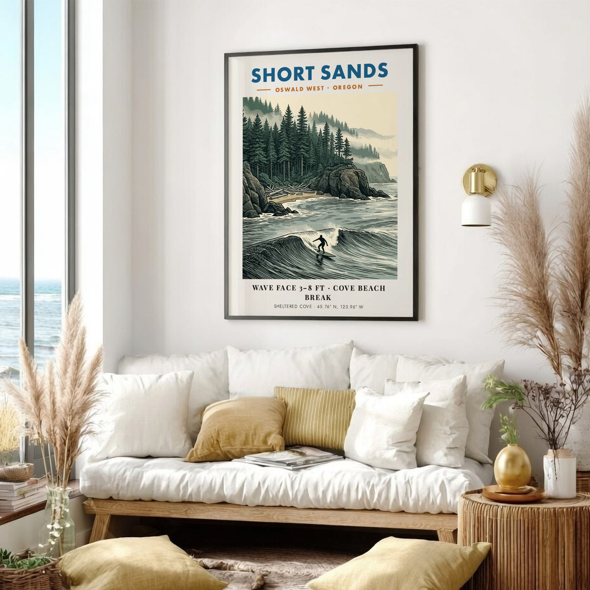 Poster featuring a surfer at Short Sands Oregon with evergreen trees and fog.