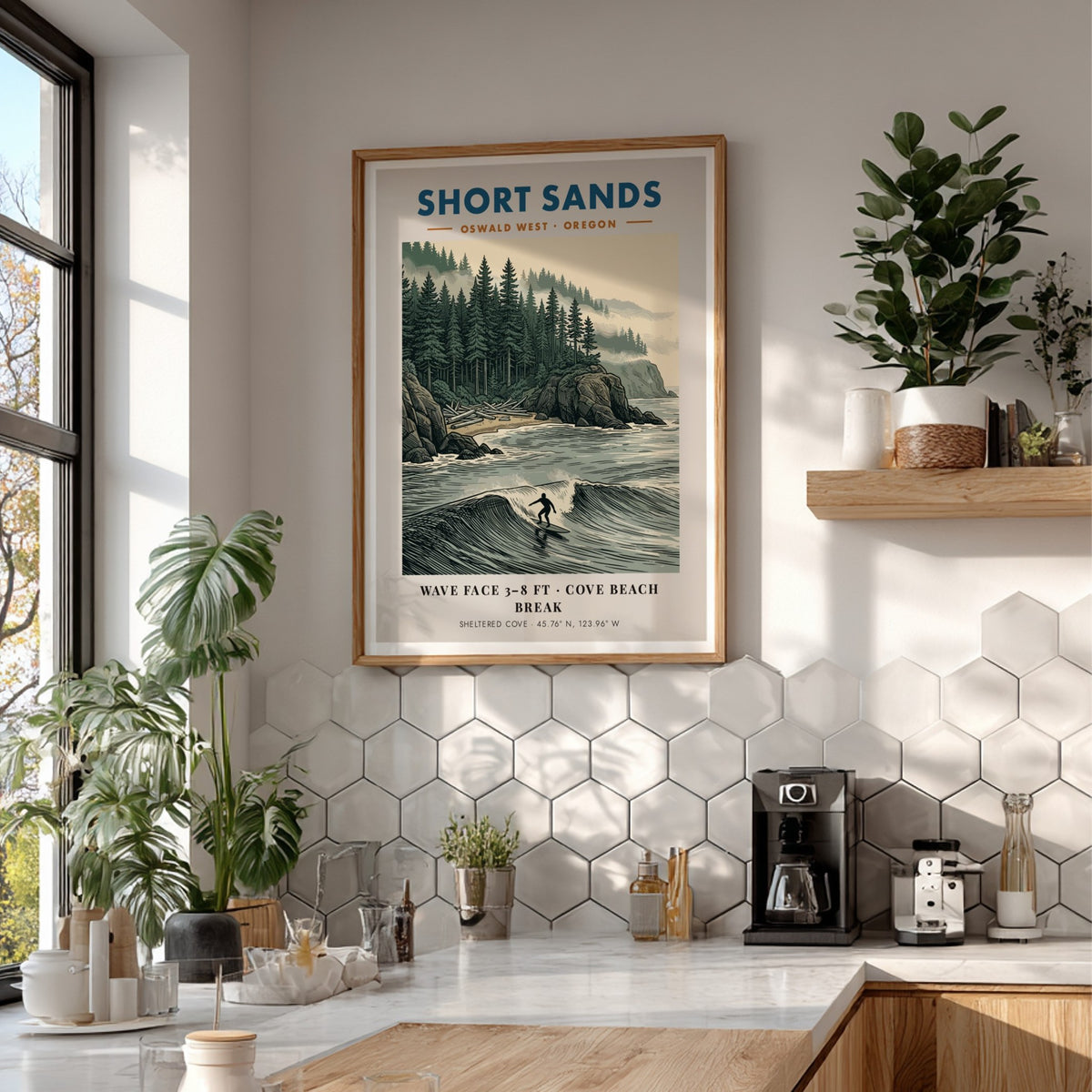 Poster featuring a surfer at Short Sands Oregon with evergreen trees and fog.