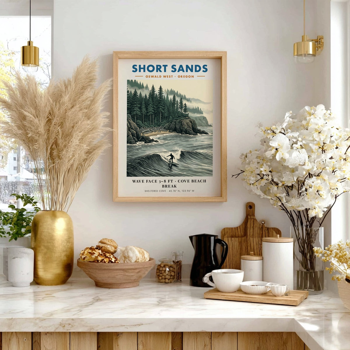 Poster featuring a surfer at Short Sands Oregon with evergreen trees and fog.