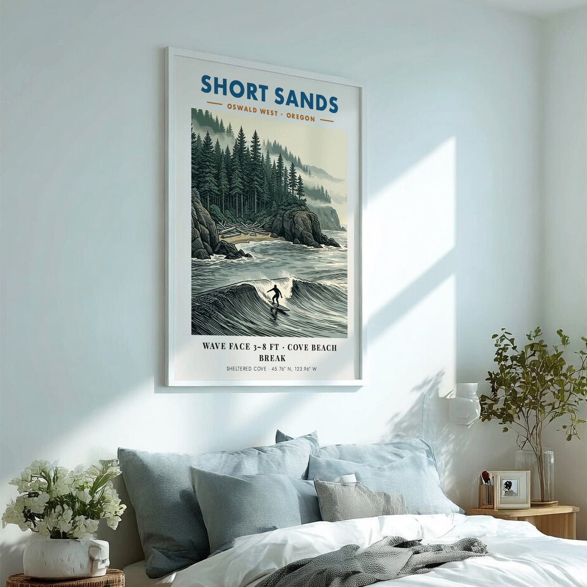 Poster featuring a surfer at Short Sands Oregon with evergreen trees and fog.