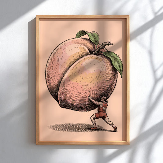 Poster featuring an athlete in a red uniform pushing a giant fuzzy peach fruit.