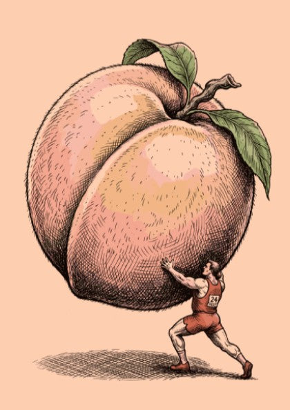 Poster featuring an athlete in a red uniform pushing a giant fuzzy peach fruit.