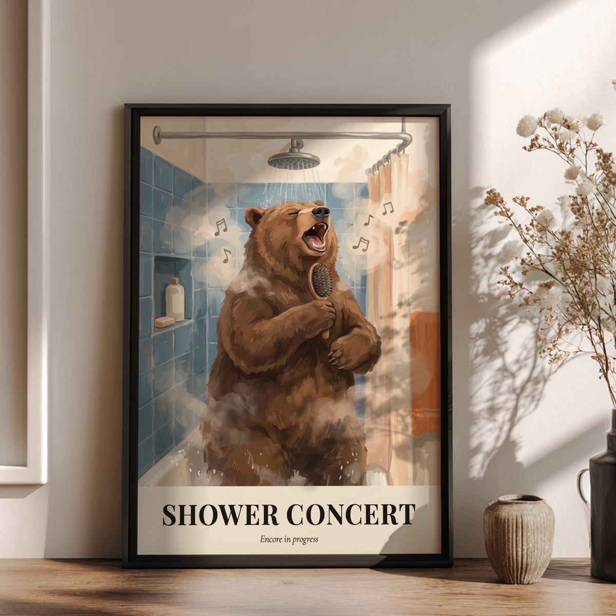 Poster of a brown bear singing into a hairbrush in a blue tiled shower