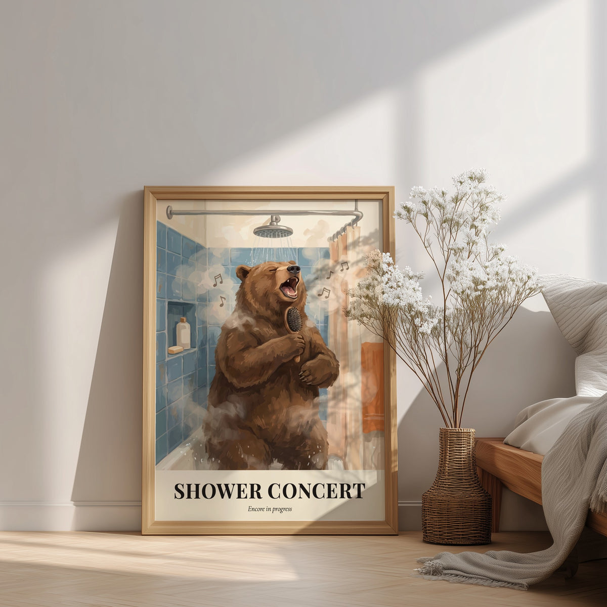 Poster of a brown bear singing into a hairbrush in a blue tiled shower