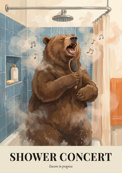 Poster of a brown bear singing into a hairbrush in a blue tiled shower