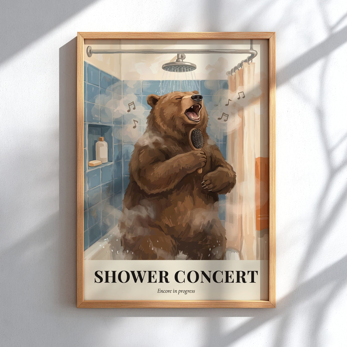 Poster of a brown bear singing into a hairbrush in a blue tiled shower