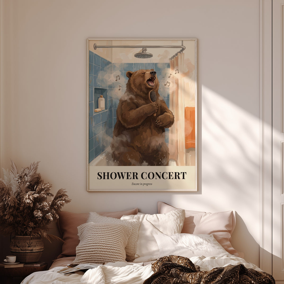 Poster of a brown bear singing into a hairbrush in a blue tiled shower
