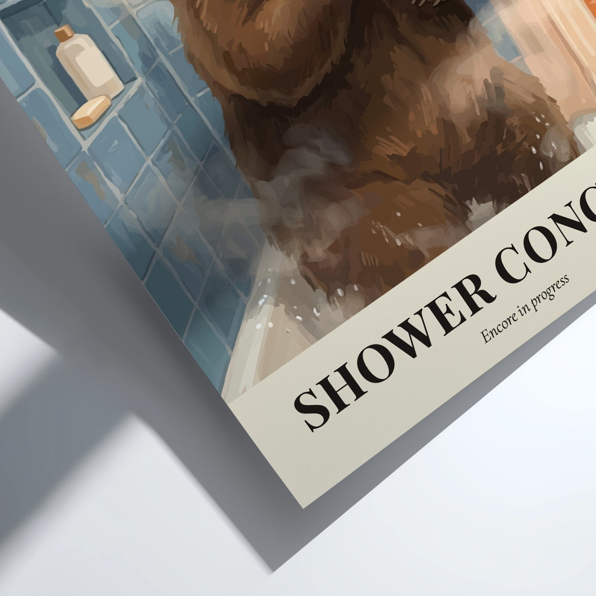 Poster of a brown bear singing into a hairbrush in a blue tiled shower