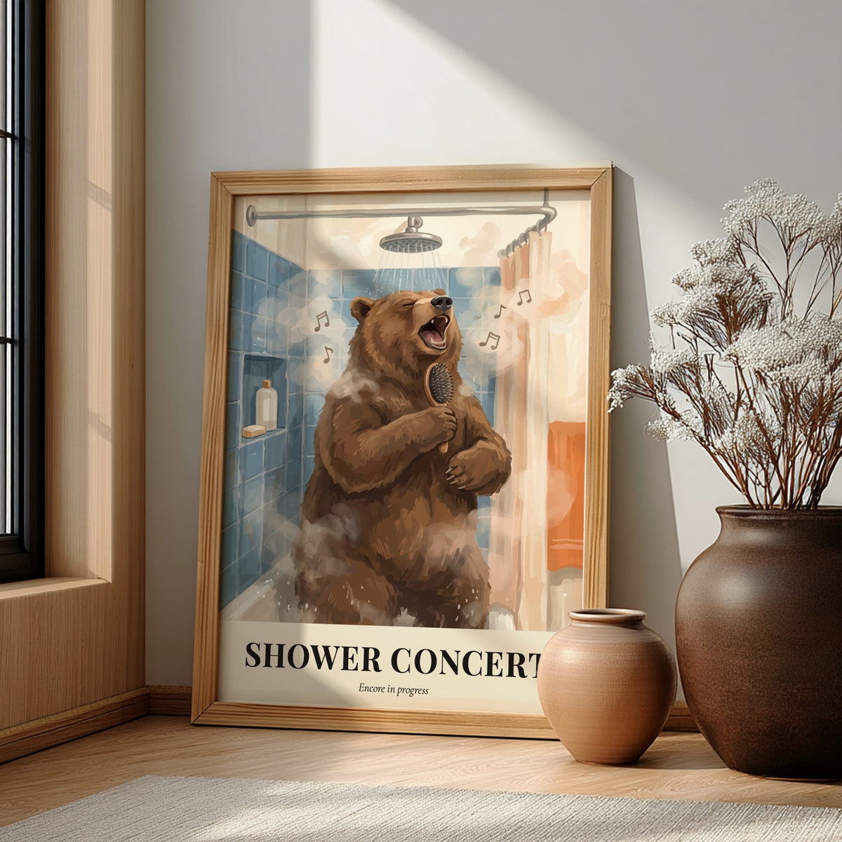 Poster of a brown bear singing into a hairbrush in a blue tiled shower