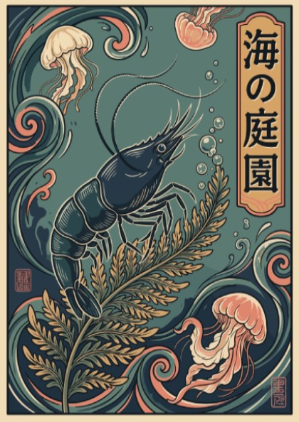 Poster featuring a shrimp on kelp with jellyfish in muted blue and coral.