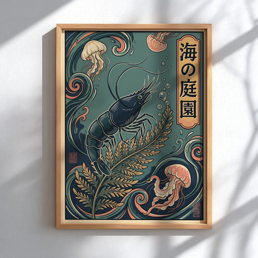 Poster featuring a shrimp on kelp with jellyfish in muted blue and coral.