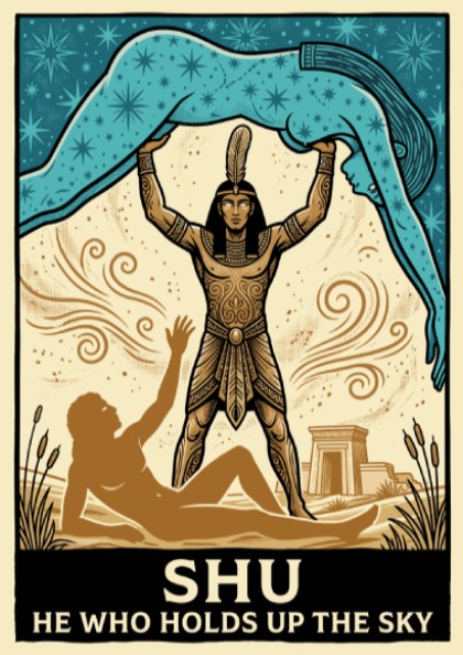 Poster showing the Egyptian god Shu holding up the blue starry sky above earth