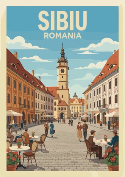 Poster of Sibiu Romania featuring a historic clock tower and outdoor cafe seating.
