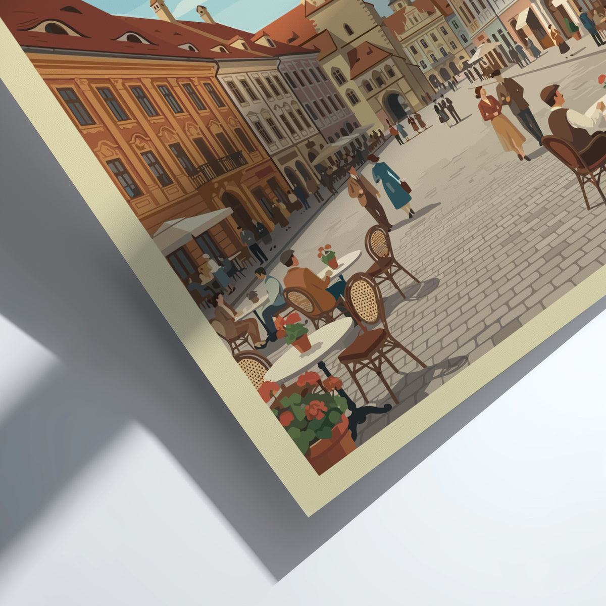 Poster of Sibiu Romania featuring a historic clock tower and outdoor cafe seating.