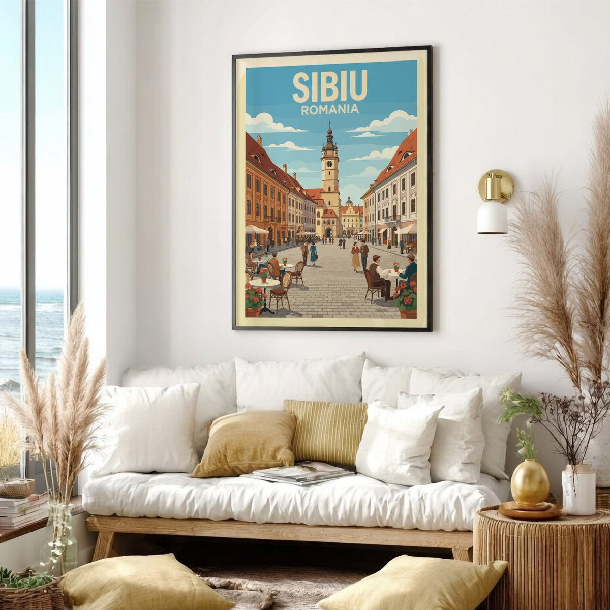 Poster of Sibiu Romania featuring a historic clock tower and outdoor cafe seating.