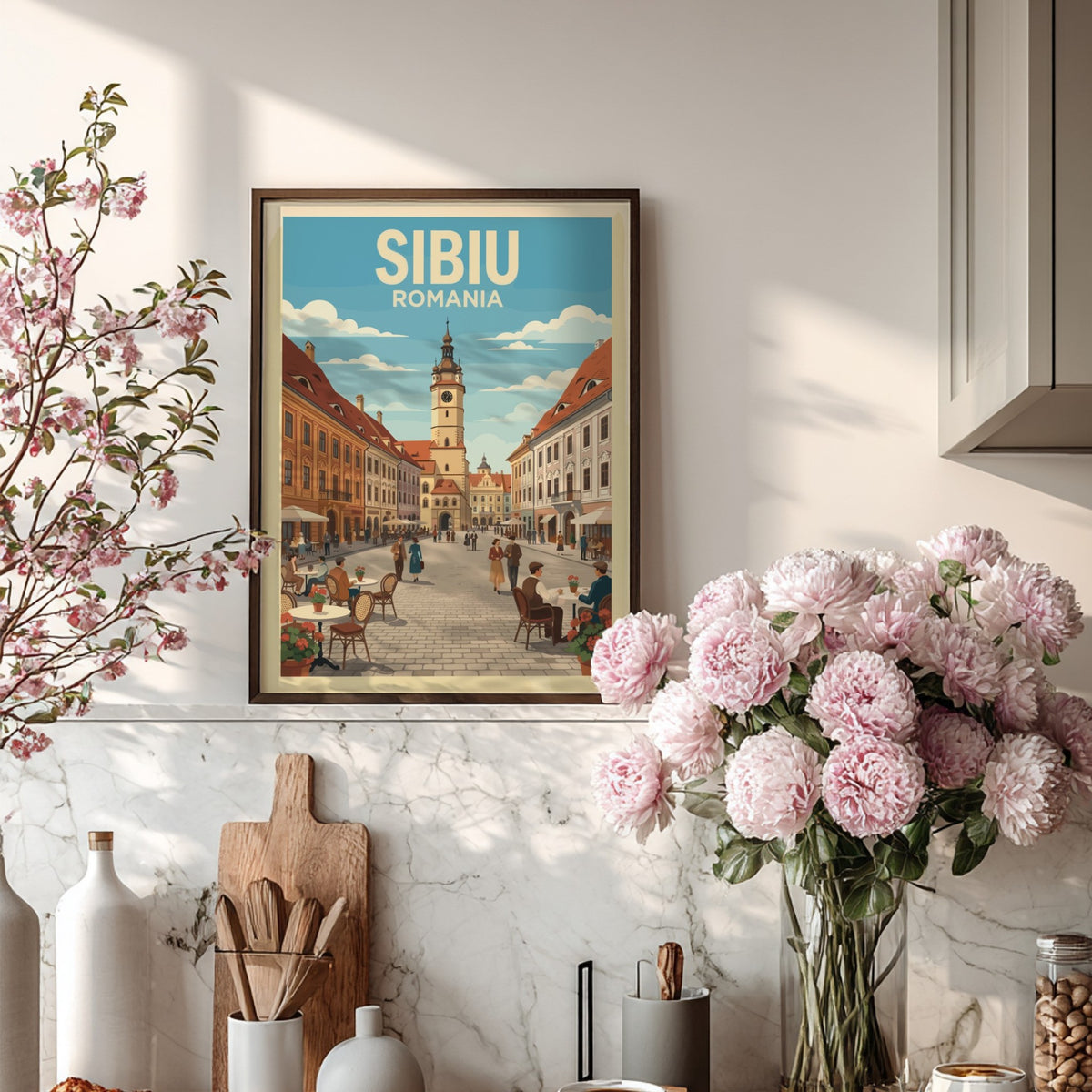 Poster of Sibiu Romania featuring a historic clock tower and outdoor cafe seating.