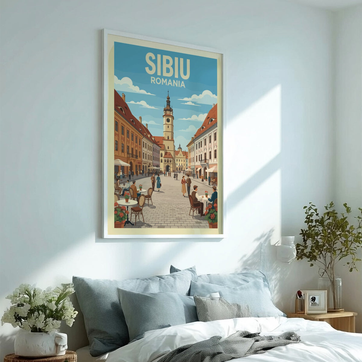 Poster of Sibiu Romania featuring a historic clock tower and outdoor cafe seating.