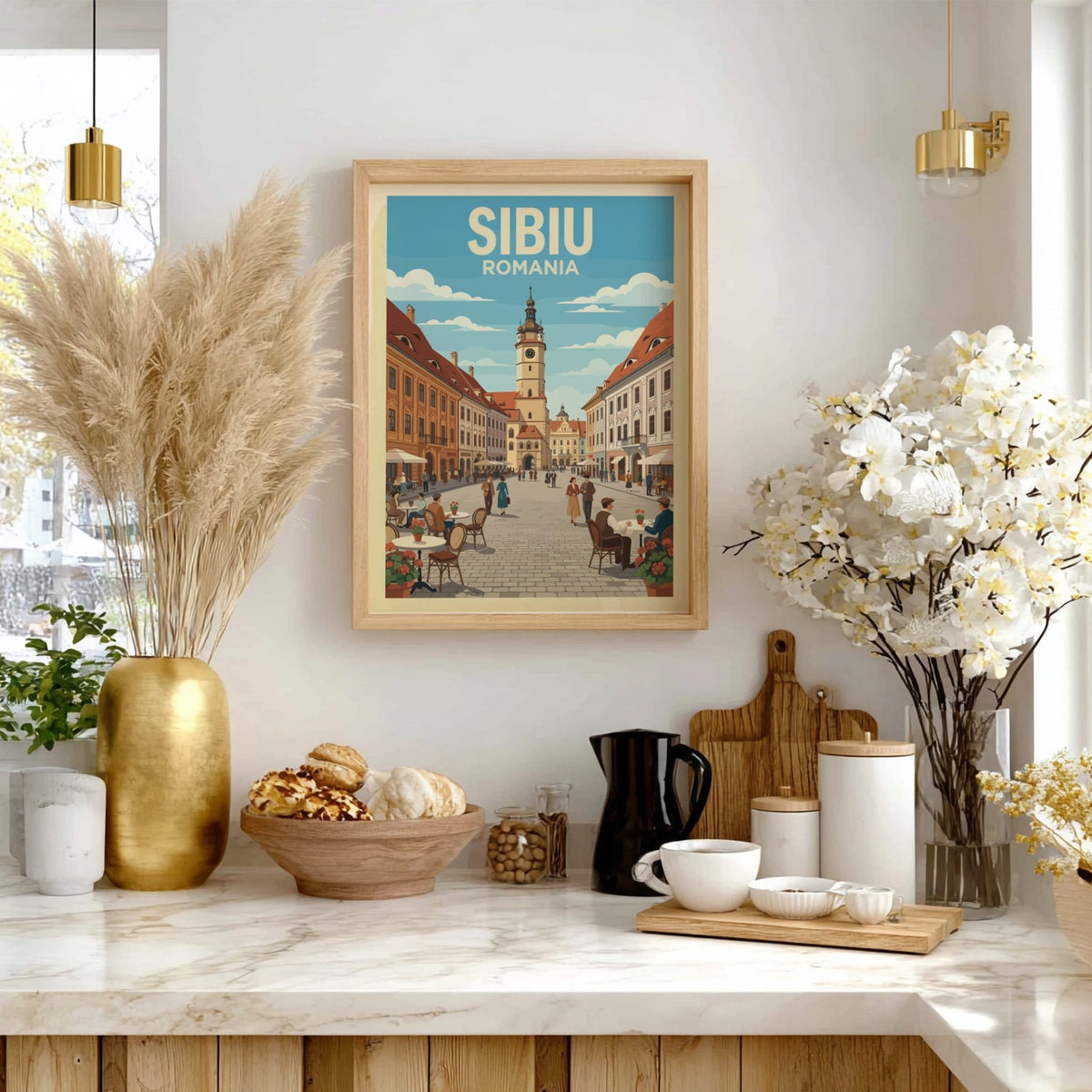 Poster of Sibiu Romania featuring a historic clock tower and outdoor cafe seating.