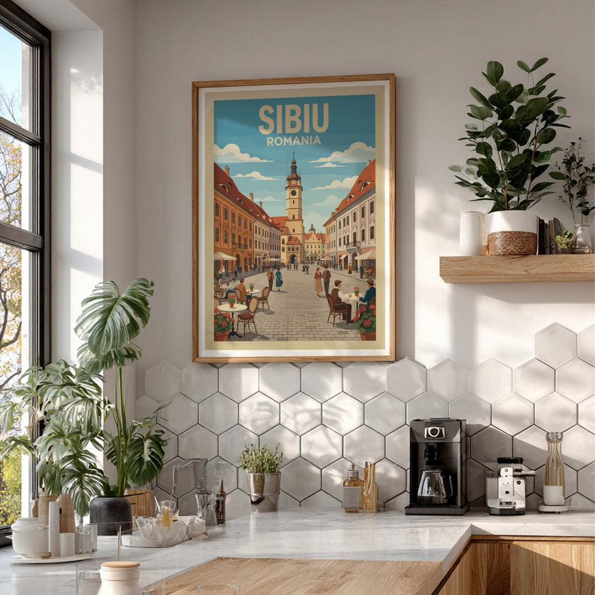 Poster of Sibiu Romania featuring a historic clock tower and outdoor cafe seating.