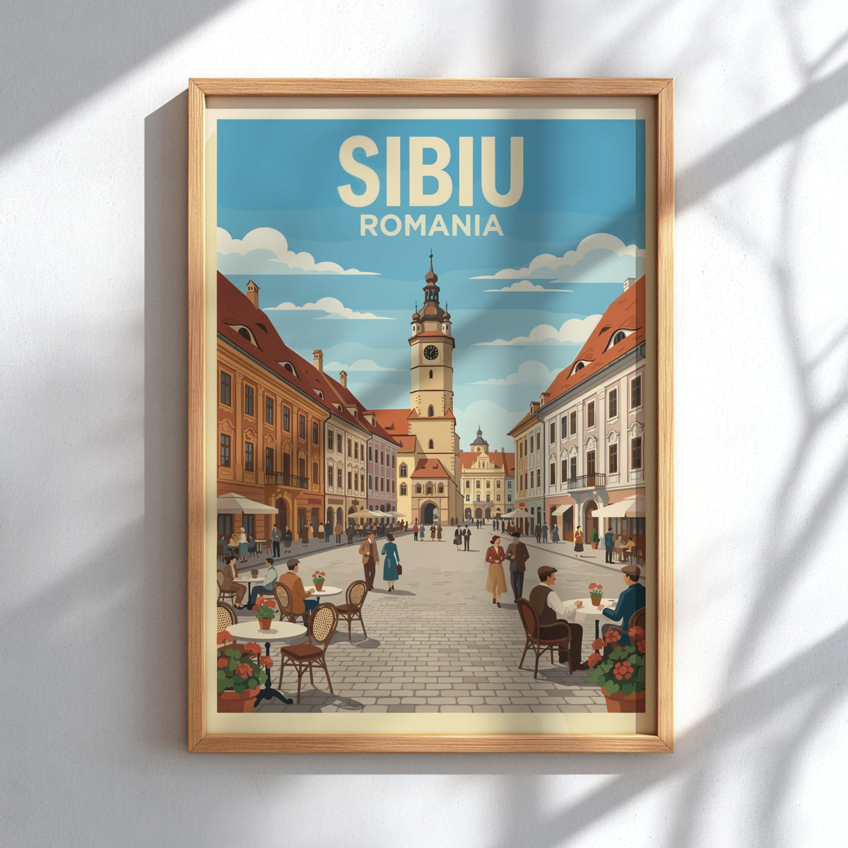 Poster of Sibiu Romania featuring a historic clock tower and outdoor cafe seating.