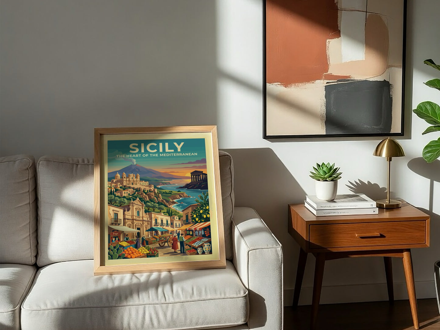 Travel poster of Sicily featuring a volcano, ancient temple, and a bustling market.
