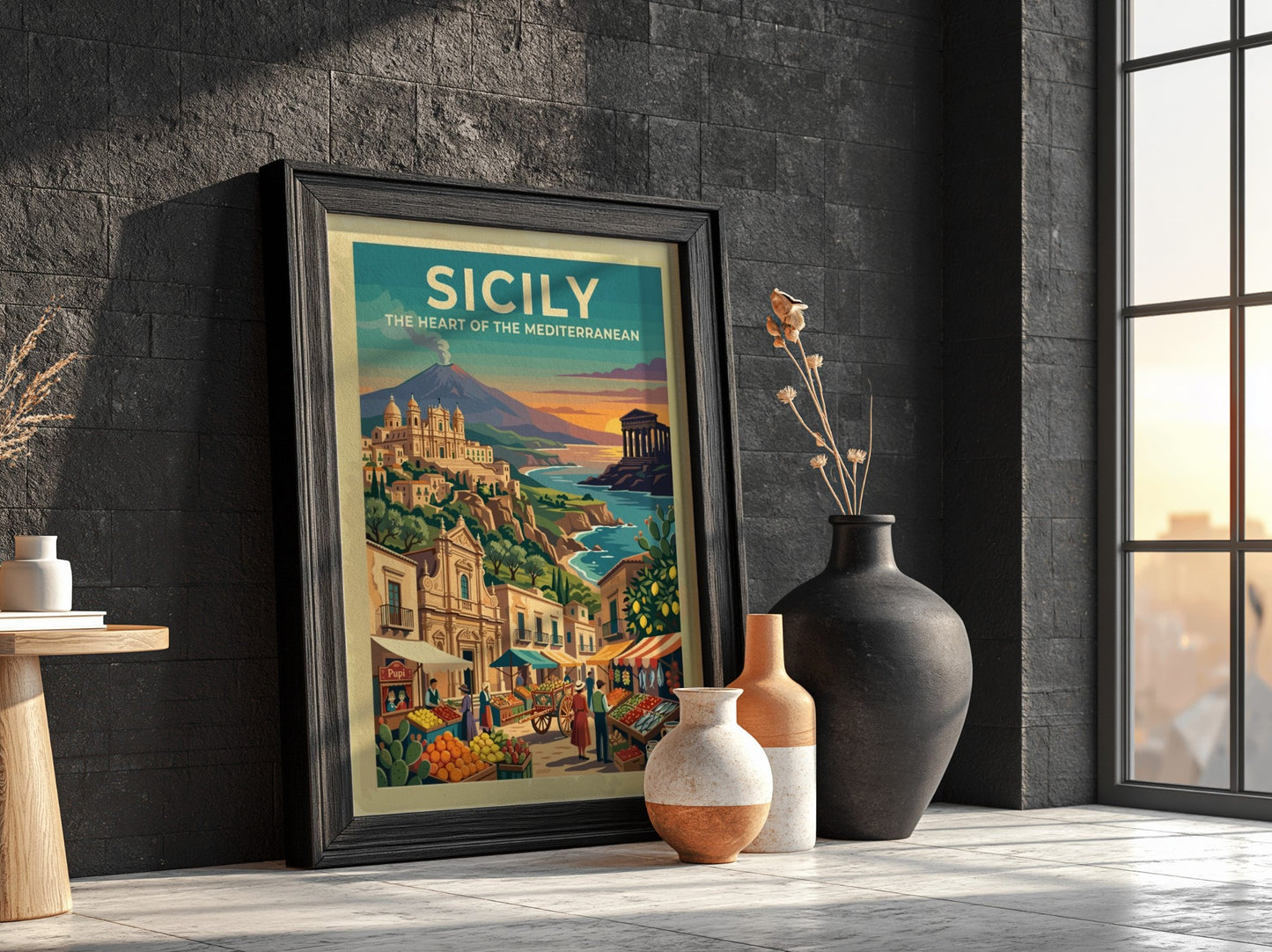 Travel poster of Sicily featuring a volcano, ancient temple, and a bustling market.