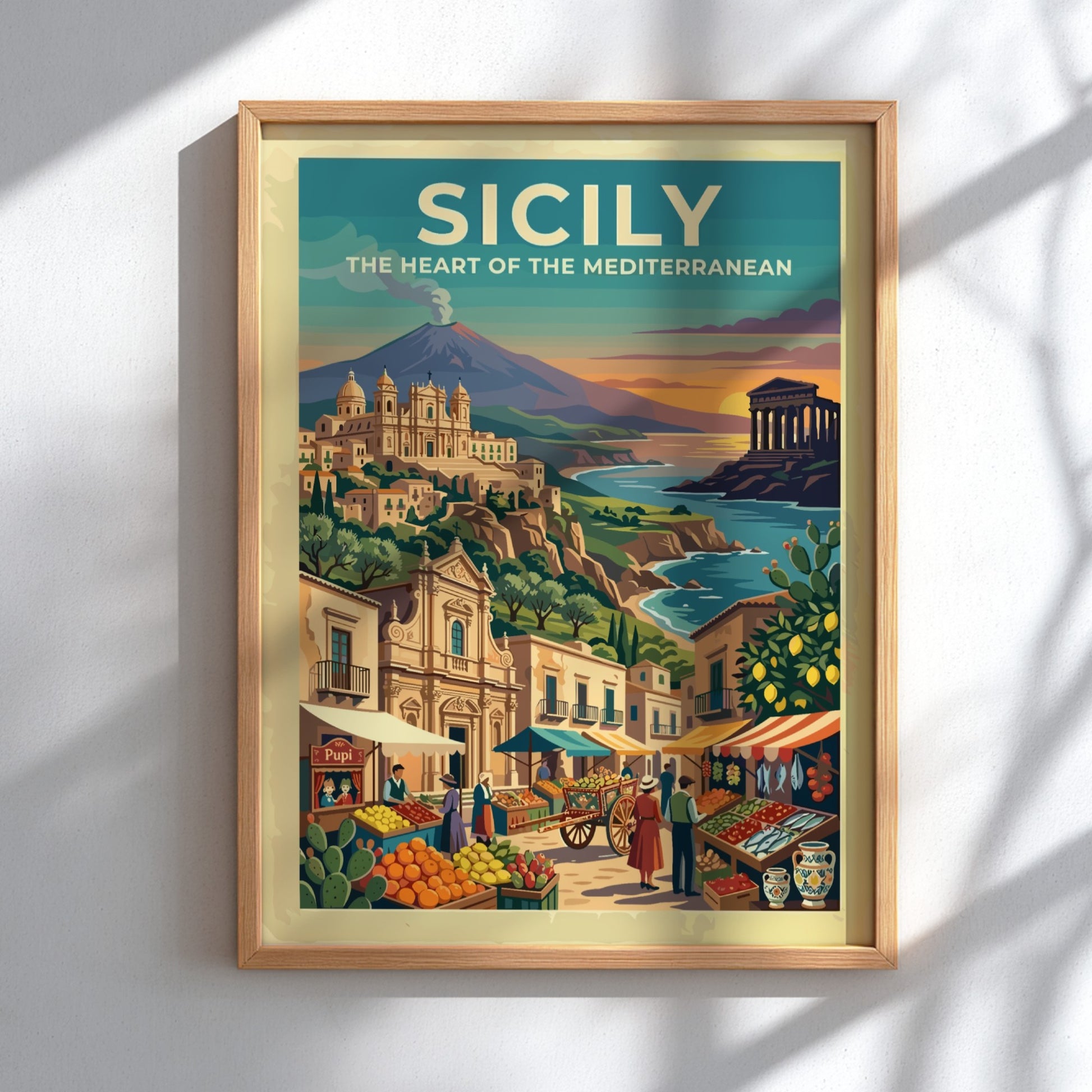 Travel poster of Sicily featuring a volcano, ancient temple, and a bustling market.