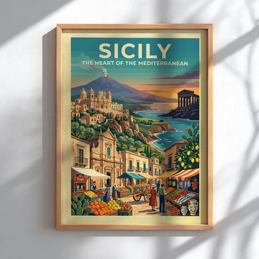 Travel poster of Sicily featuring a volcano, ancient temple, and a bustling market.
